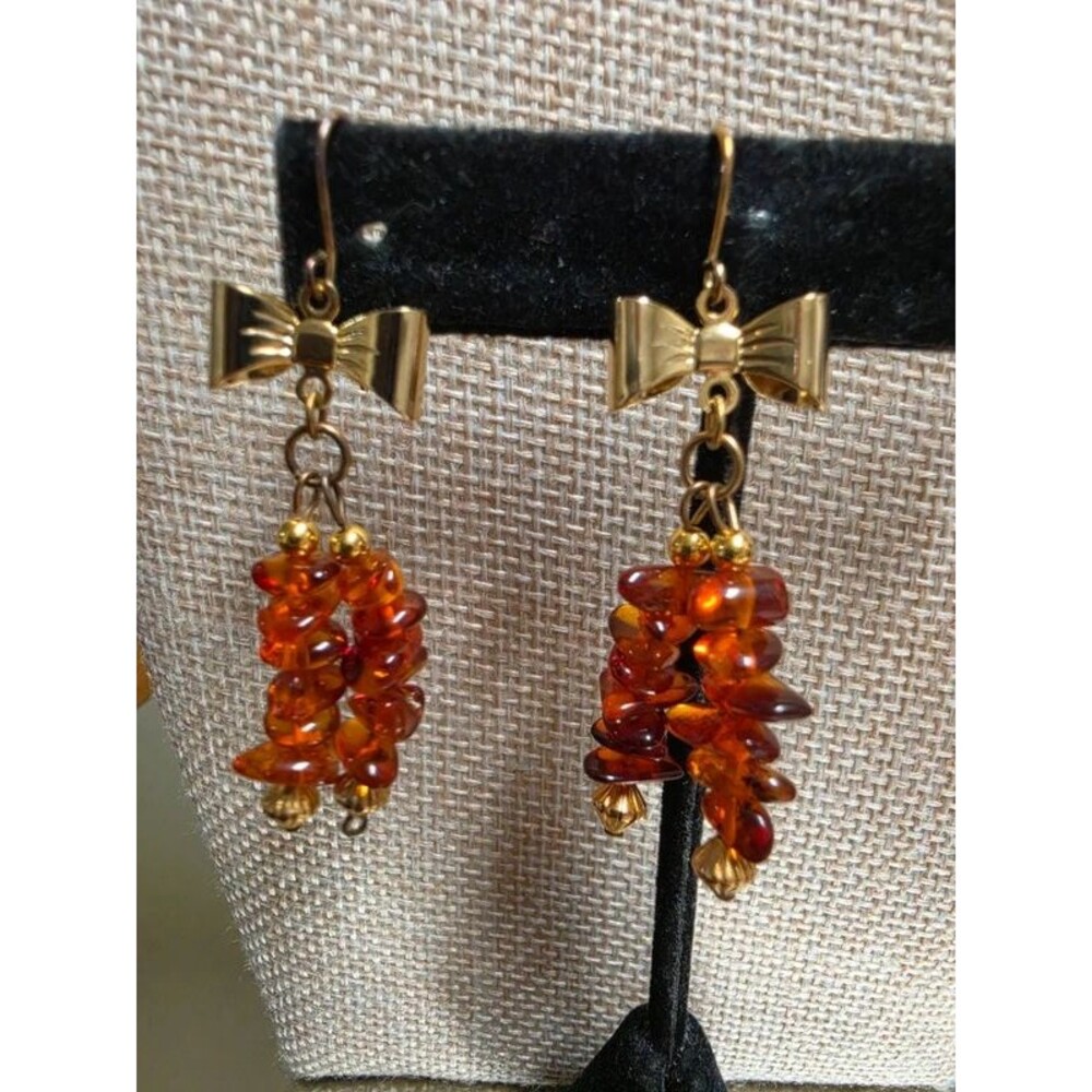 Vintage Natural Baltic Amber Chip Dangle Earrings Gold Tone Bow UV Reactive